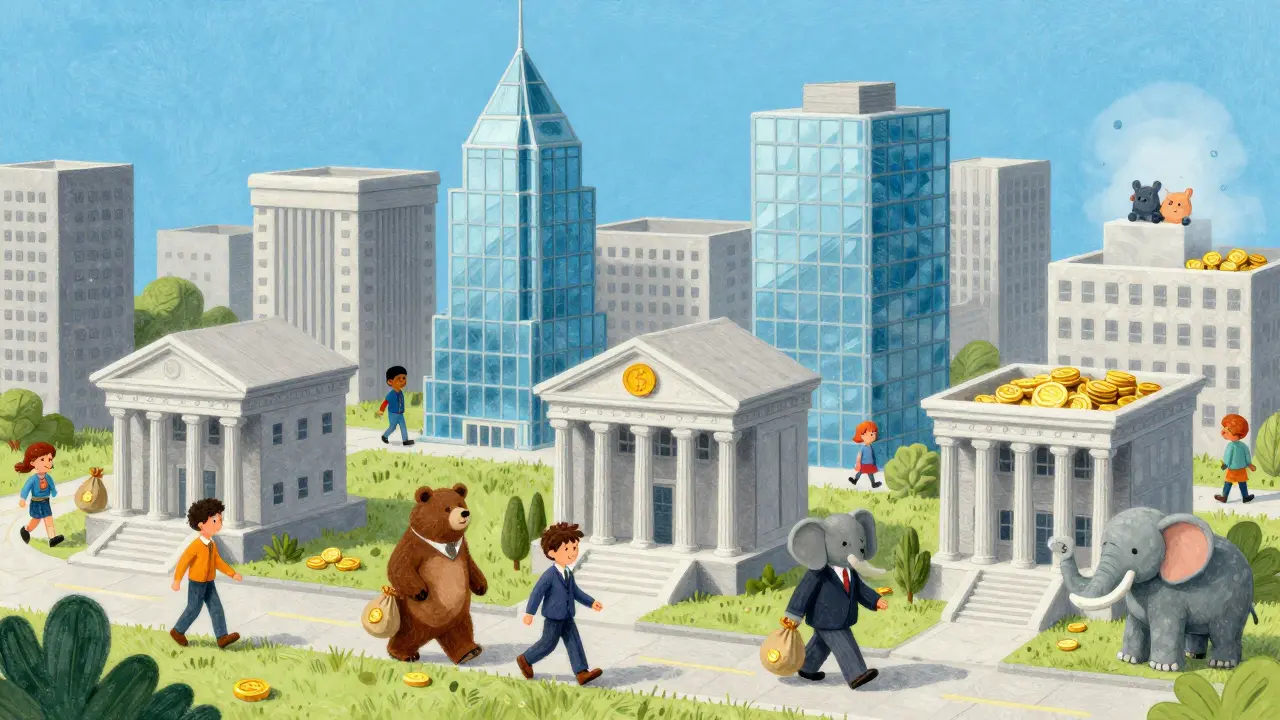 Wise animal investors entering modern hybrid financial buildings in a stable crypto city.