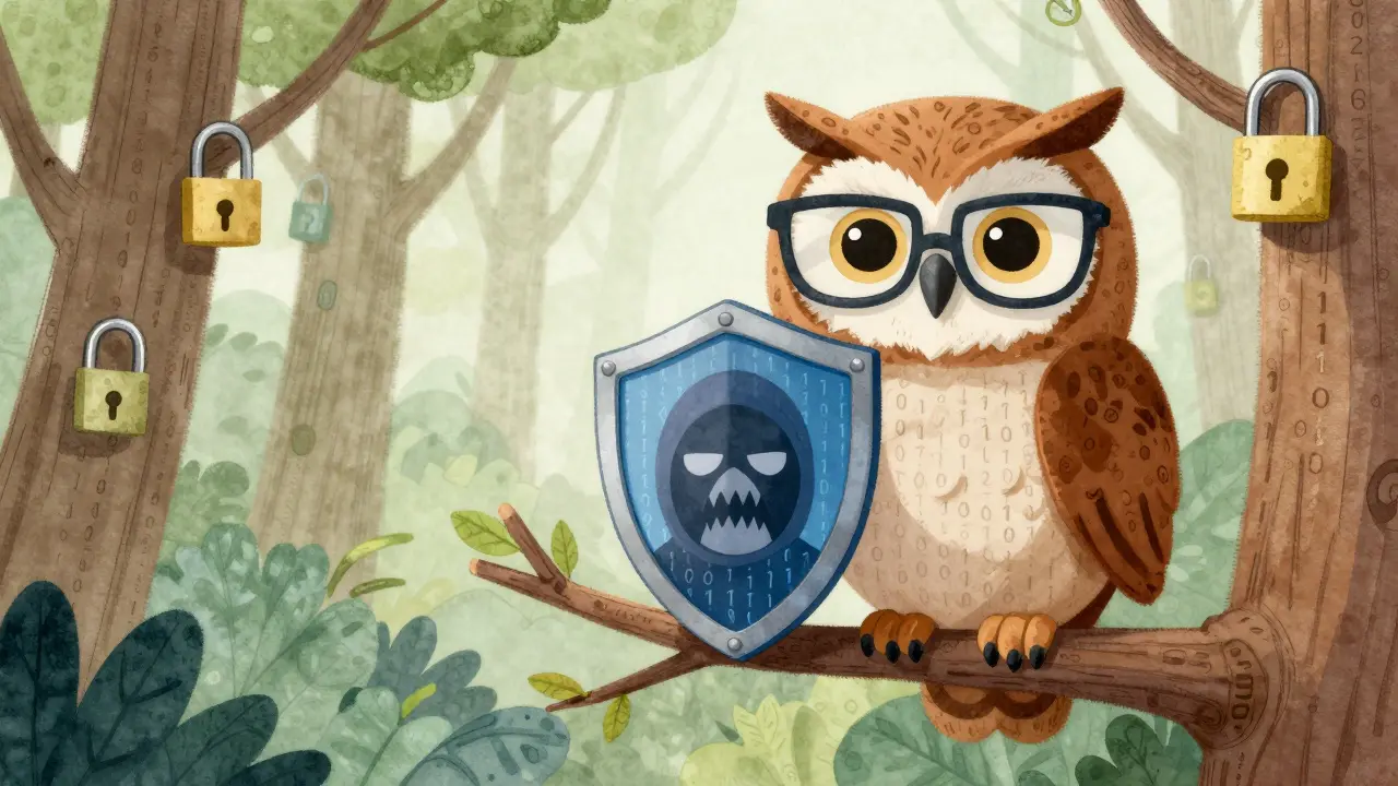 Wise owl holding a shield against a scammer in a secure digital forest.