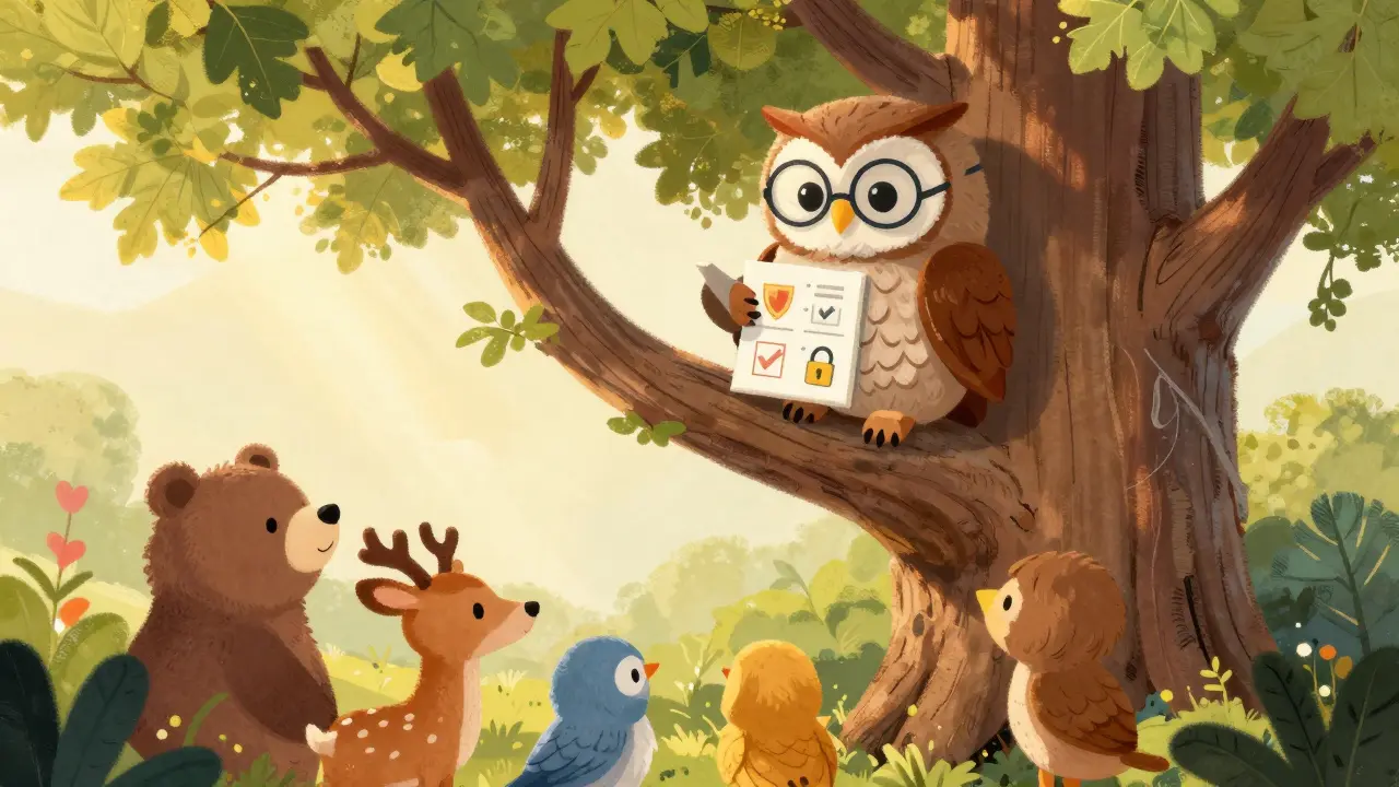 Wise owl teaching woodland animals about safety using a checklist.