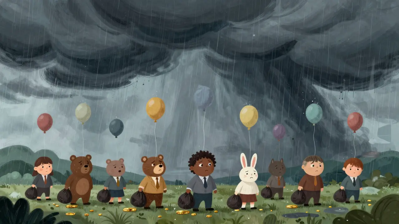 Worried cartoon animals holding deflating bags under a dark storm cloud.
