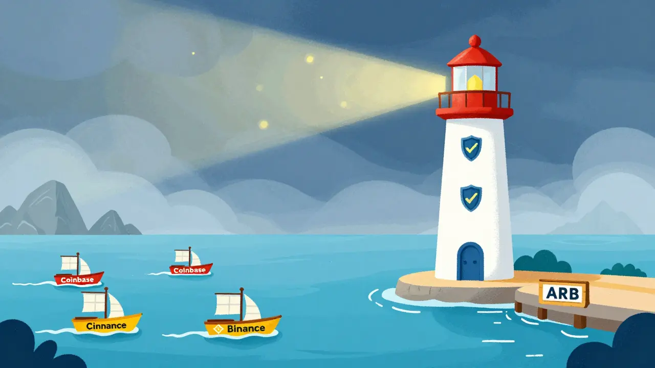 A secure lighthouse guiding safe crypto boats away from stormy scam waters