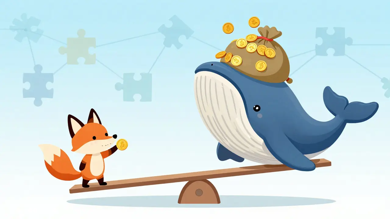 A small fox vs a giant whale on a seesaw, illustrating unequal voting power.