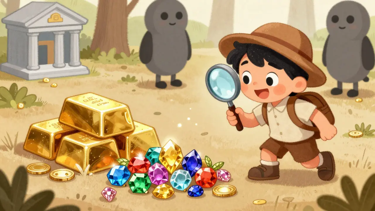 An explorer finding valuable niche crypto gems while others ignore them in a whimsical scene.