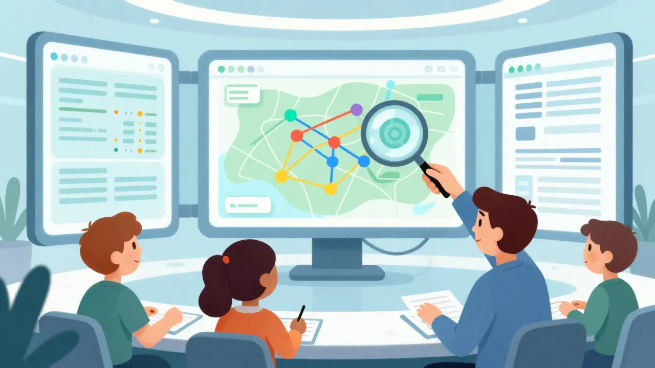 Analysts tracing colorful blockchain paths on screens, cartoon style
