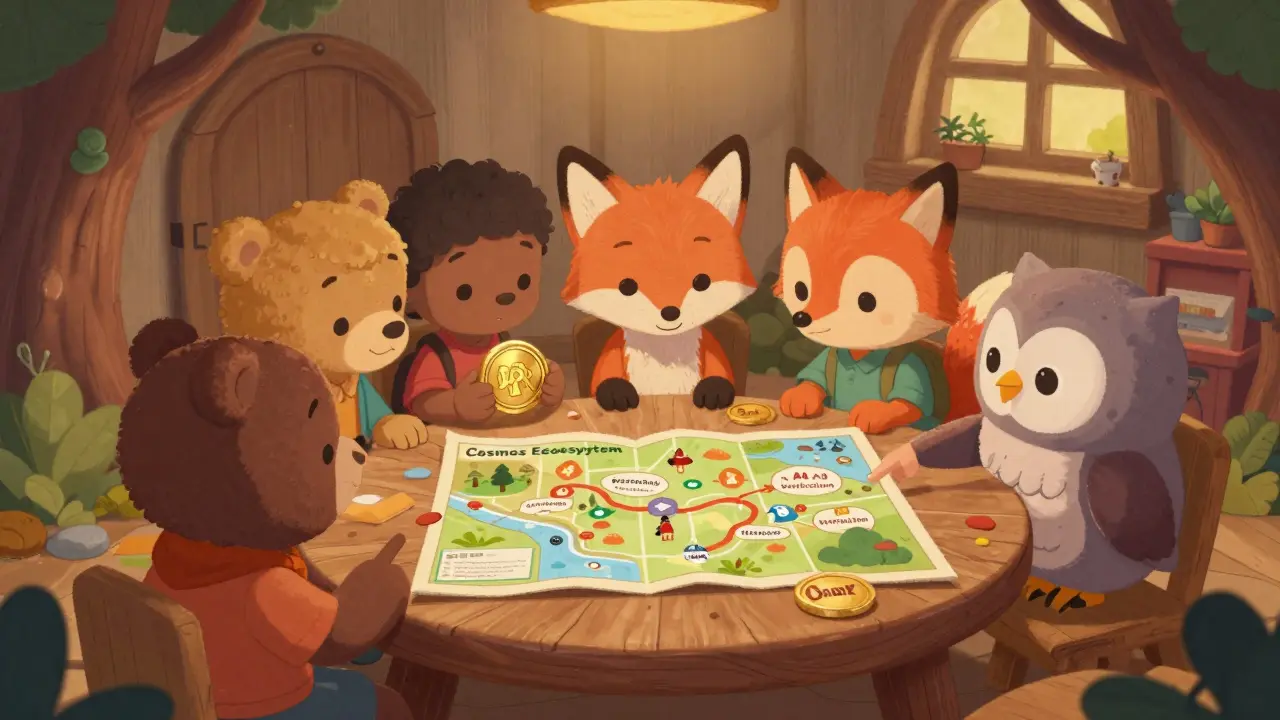 Animal friends discussing crypto strategy in a treehouse