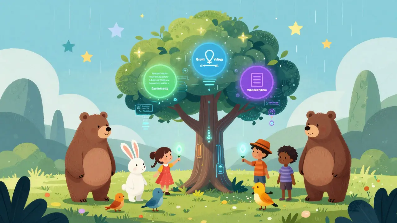 Animal friends planting glowing seeds in a digital tree, symbolizing fair governance.