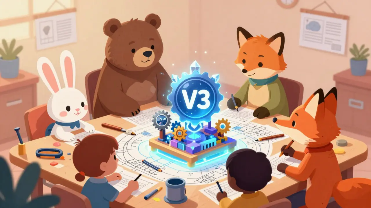 Animals building V3 upgrade structure in cozy workshop setting