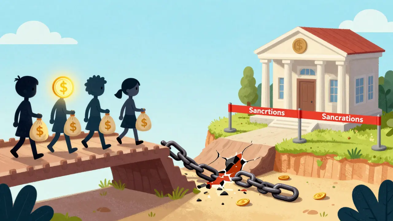 Broken bridge stopping money flow from crypto to banks, illustration