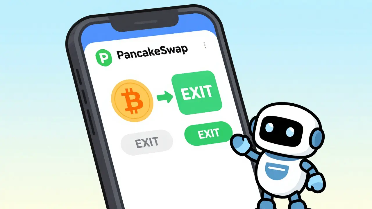 Cartoon depiction of a simple token swap process on a phone screen with a helpful robot assistant.