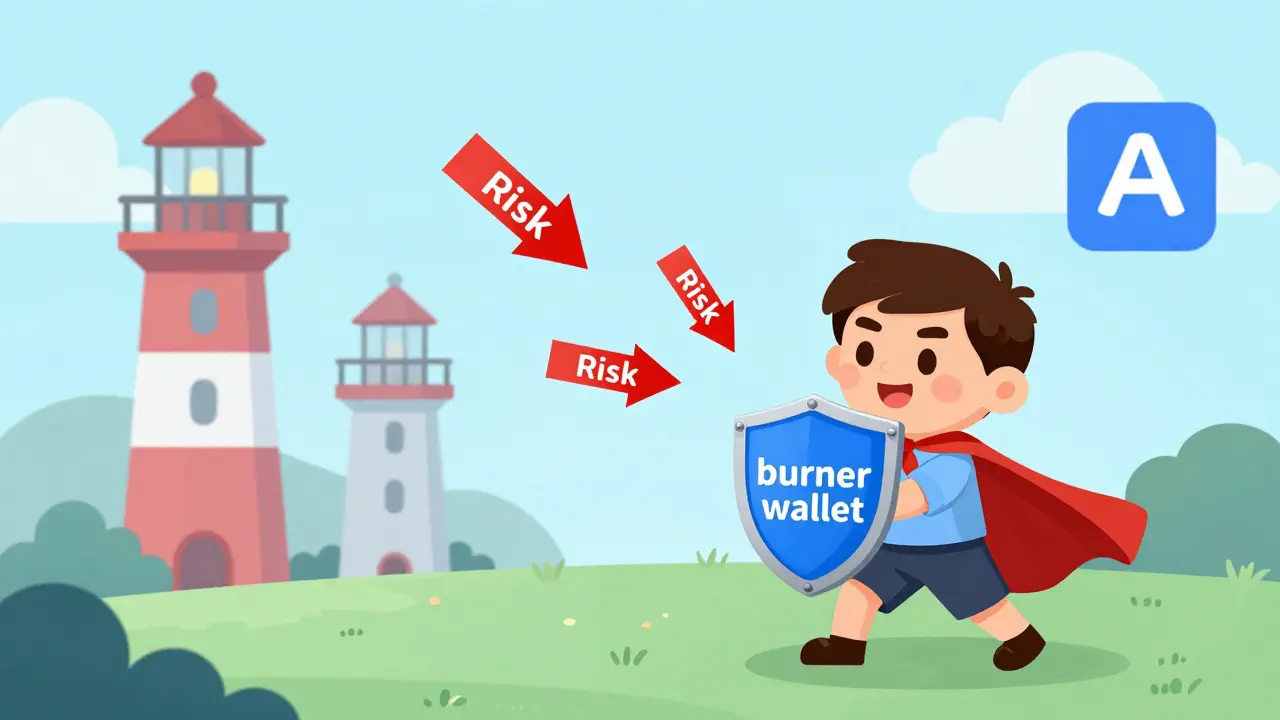 Cartoon investor using a shield against risks near stable financial lighthouses