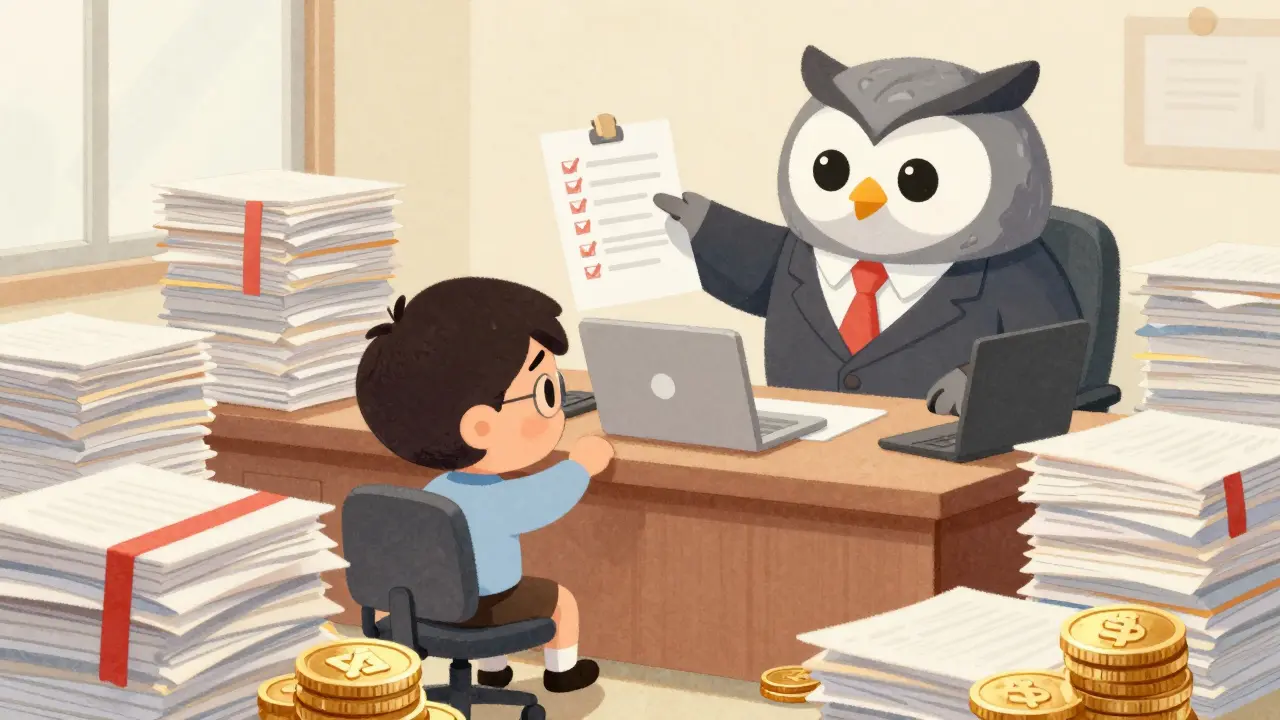 Cartoon of a businessperson overwhelmed by compliance paperwork and costs under regulatory scrutiny.