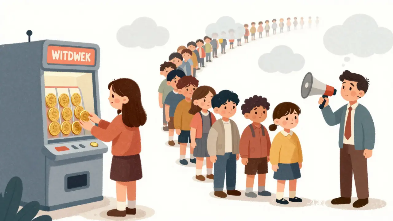 Cartoon showing easy deposits on one side and a waiting queue for withdrawals on the other.