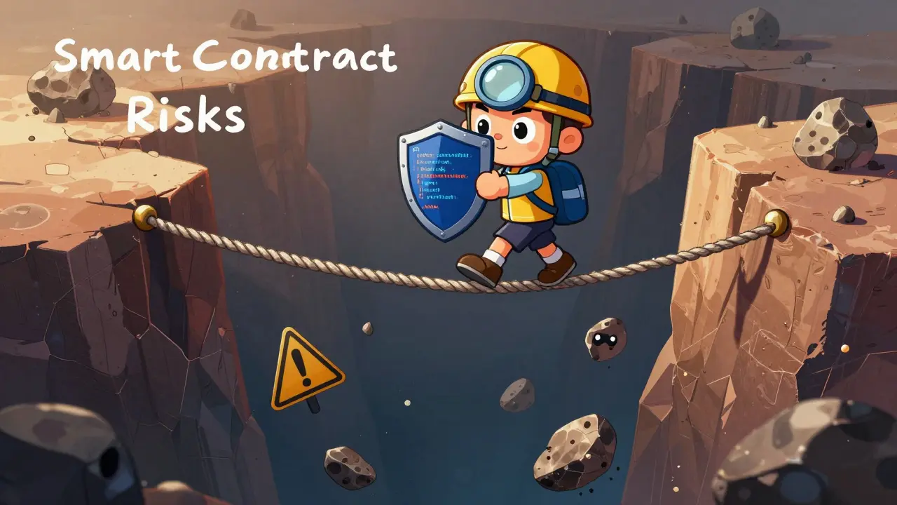 Character walking a tightrope over risks, symbolizing cautious trading.