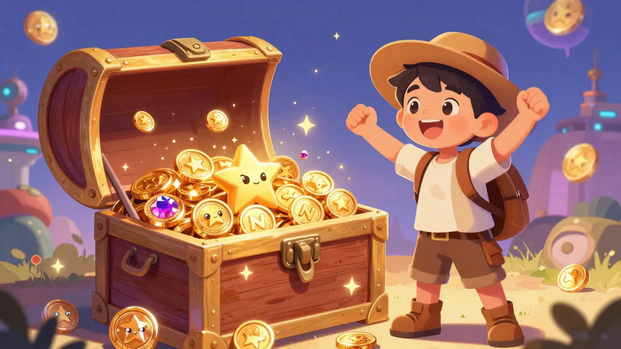Child opening a treasure chest full of sparkling NFT gems