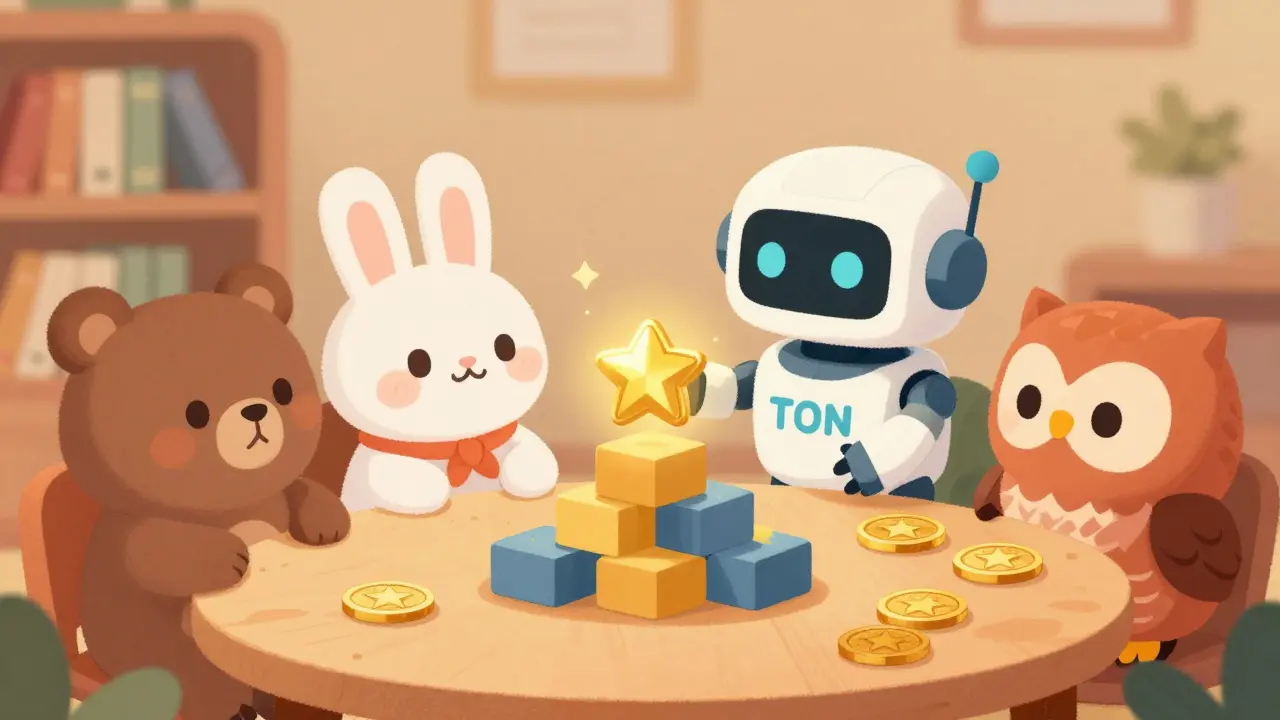 Cute animals receiving star-shaped tokens from a friendly robot