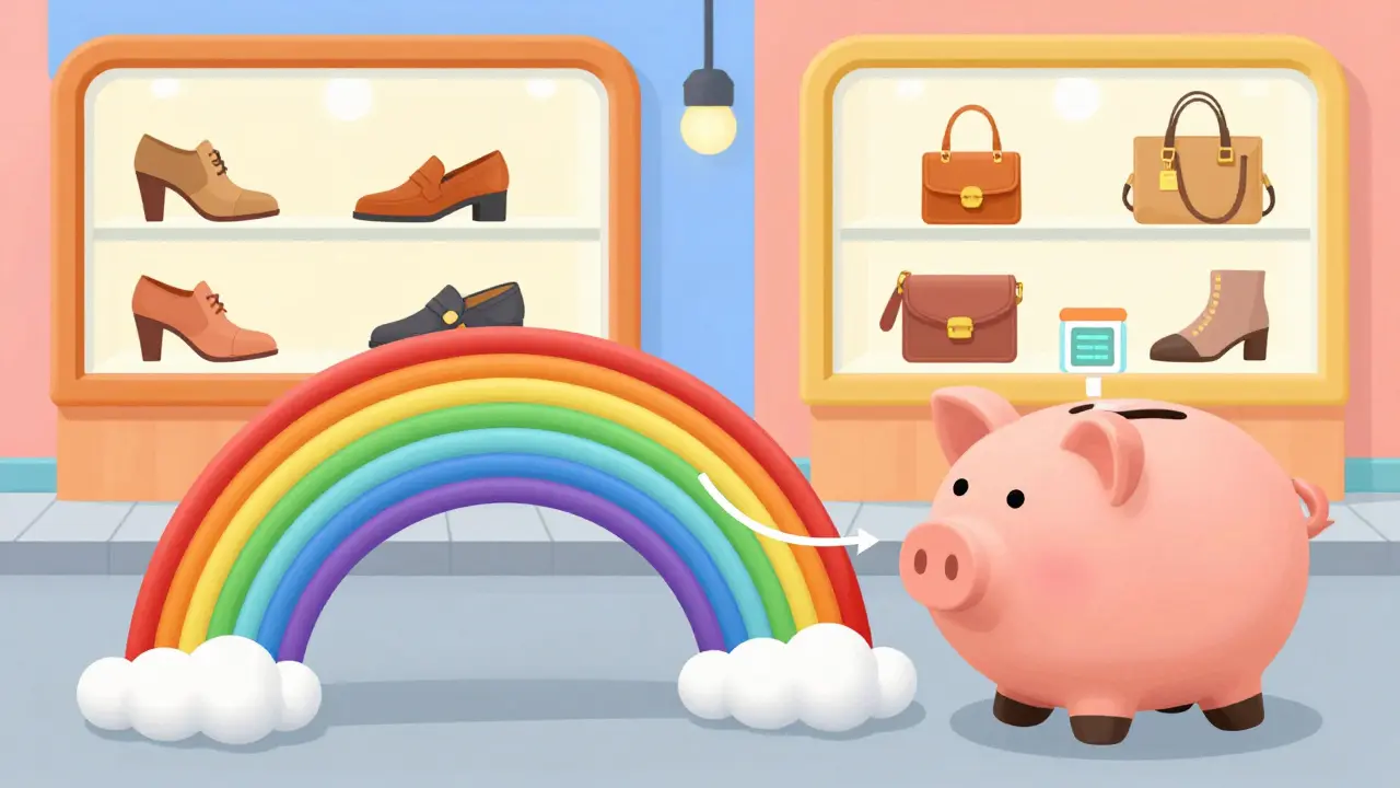 Cute cartoon of a digital piggy bank wallet connecting to a luxury store via a rainbow bridge.