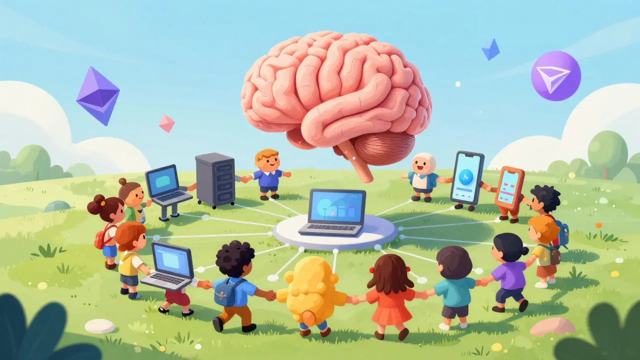 Cute devices forming a supportive network for floating AI brains in a colorful, futuristic landscape.