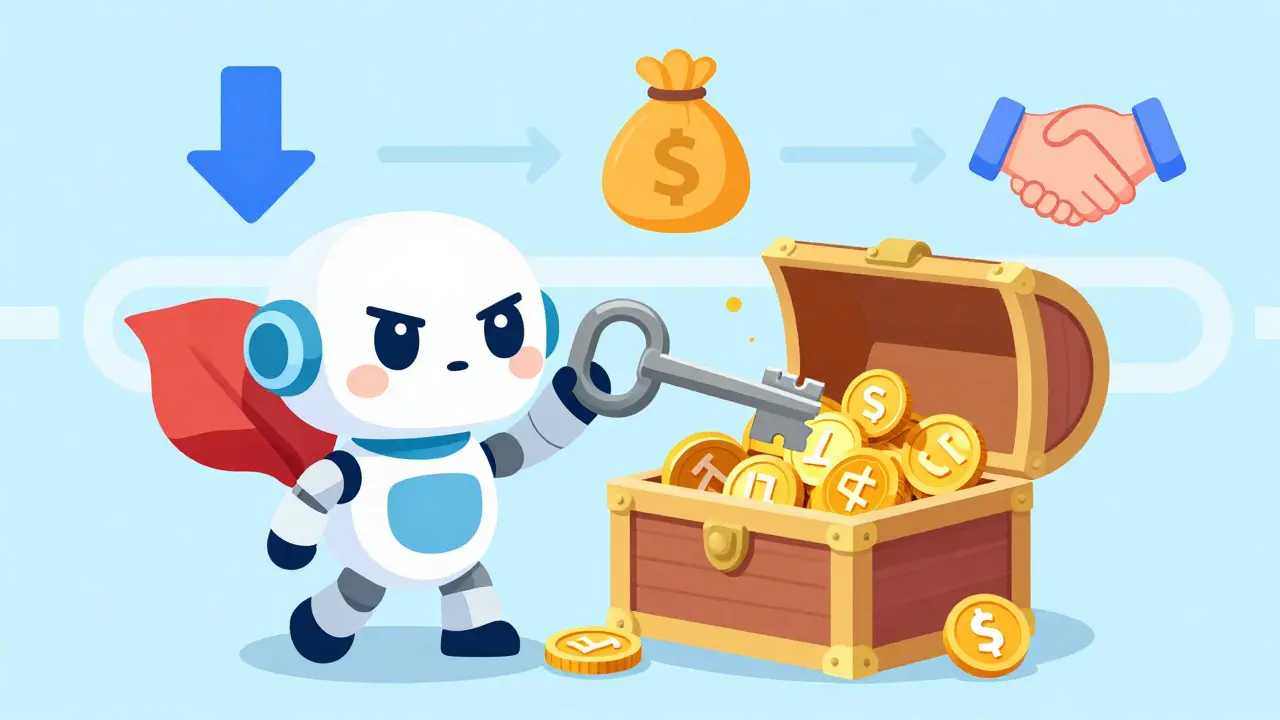 Cute robot unlocking a chest of crypto coins with a large key in a bright setting.