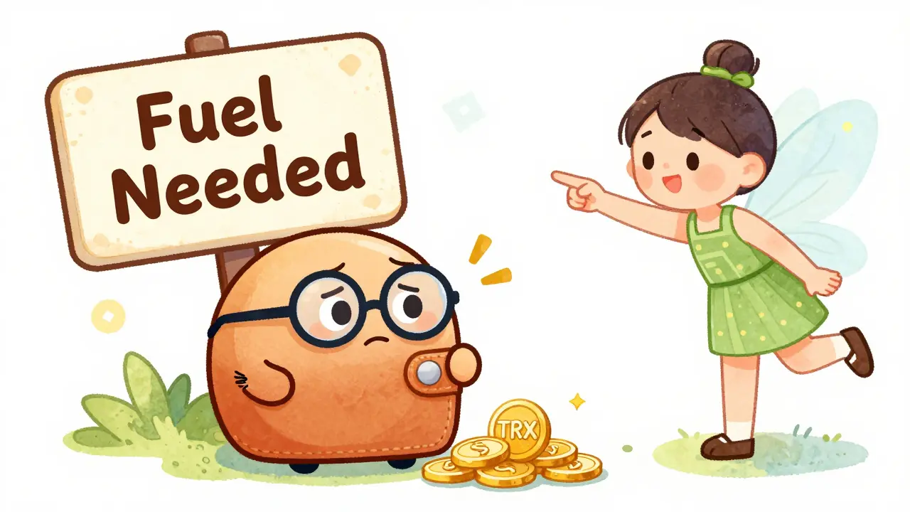 Cute wallet character learning about TRX gas fees for transactions