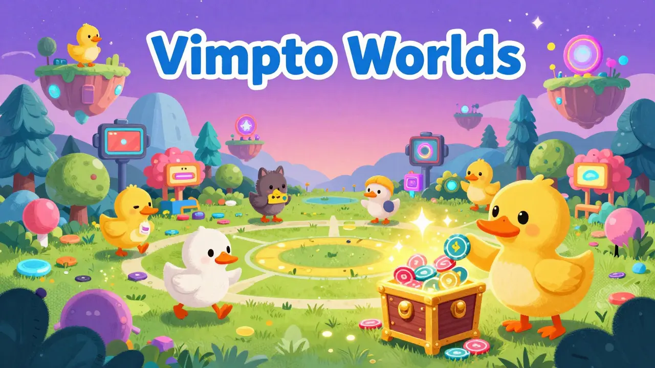 Ducks playing in a colorful metaverse while staking tokens