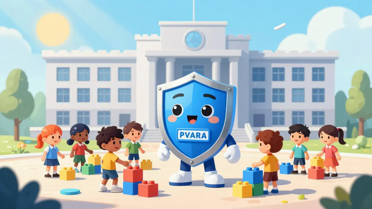 Friendly shield guardian protecting kids playing with blockchain blocks