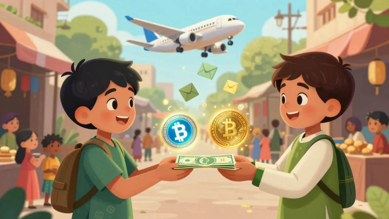 Friends exchanging floating crypto tokens in a vibrant Pakistani market