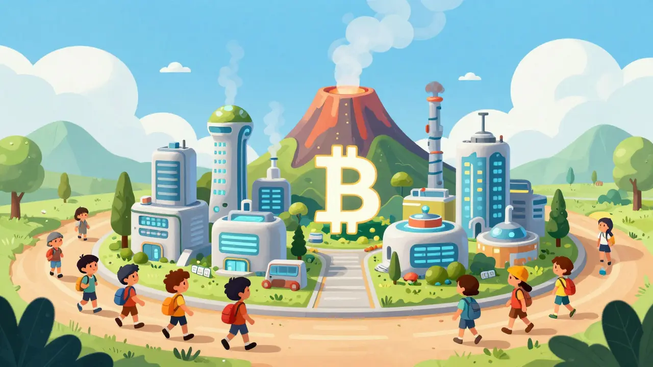 Futuristic eco-city near volcano with cartoon residents walking