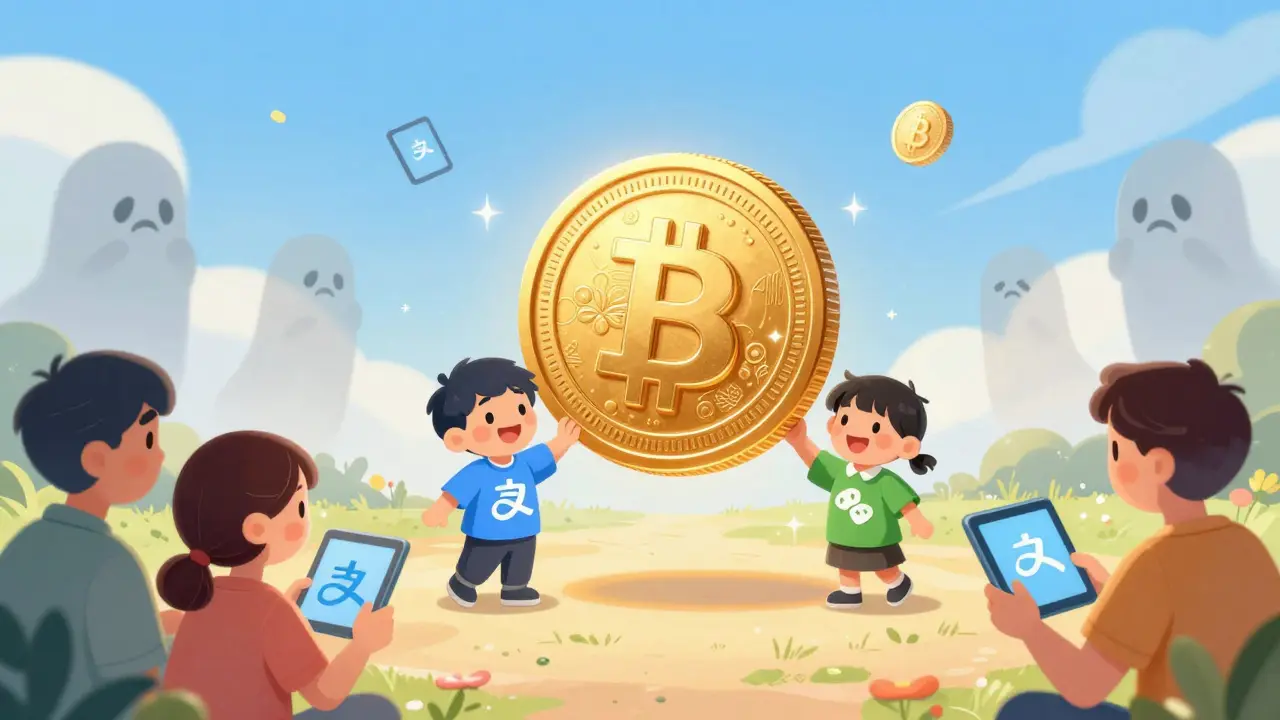 Golden digital coin guided by friendly app characters