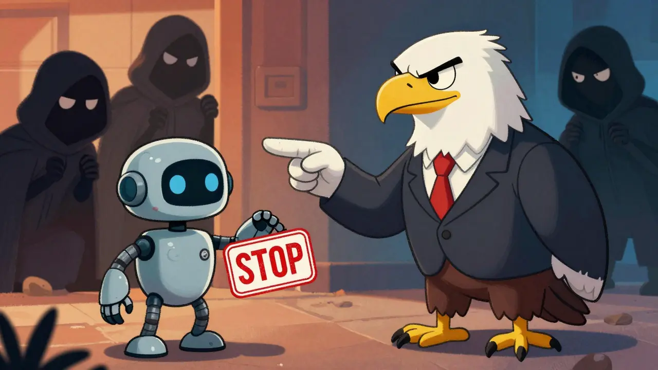 Government eagle pointing at robot while shadowy hackers lurk behind