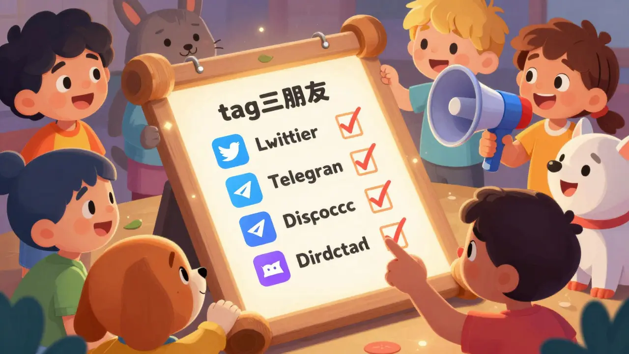 Happy characters checking off social media tasks on a magical list
