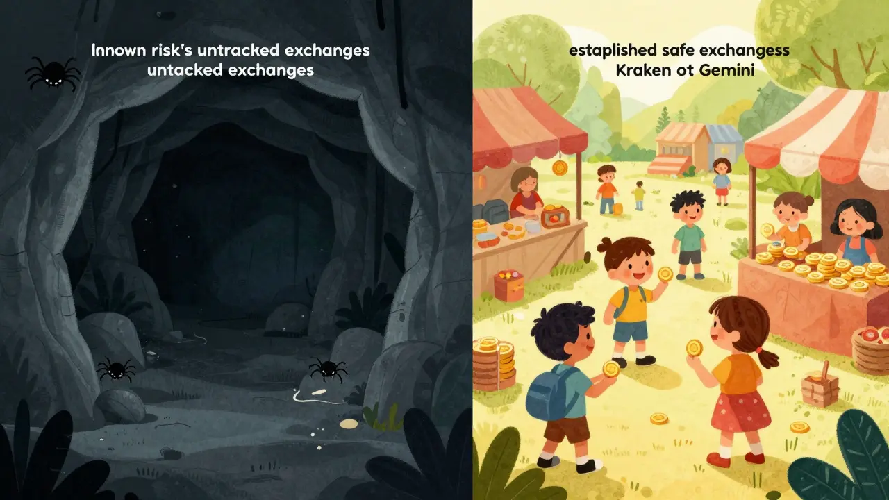 Illustration comparing a dark, risky cave for untracked exchanges against a bright, safe marketplace for trusted platforms.