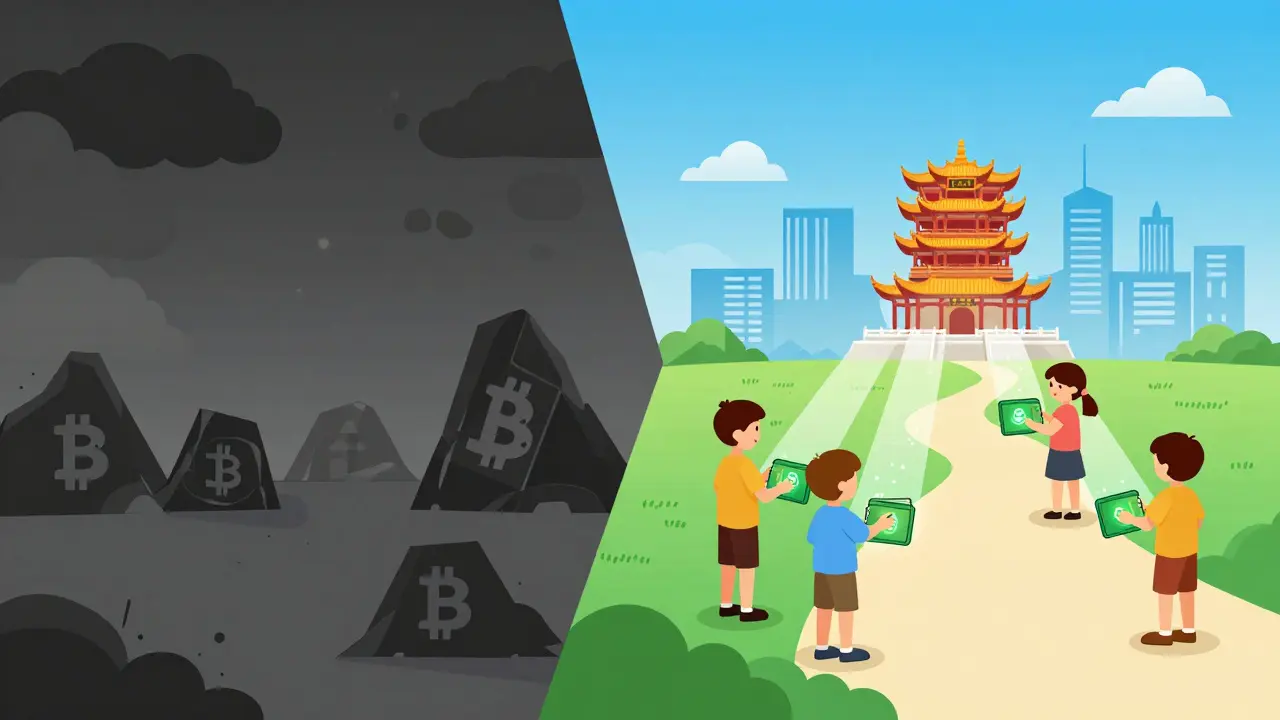 Illustration comparing banned crypto chaos with legal digital yuan order