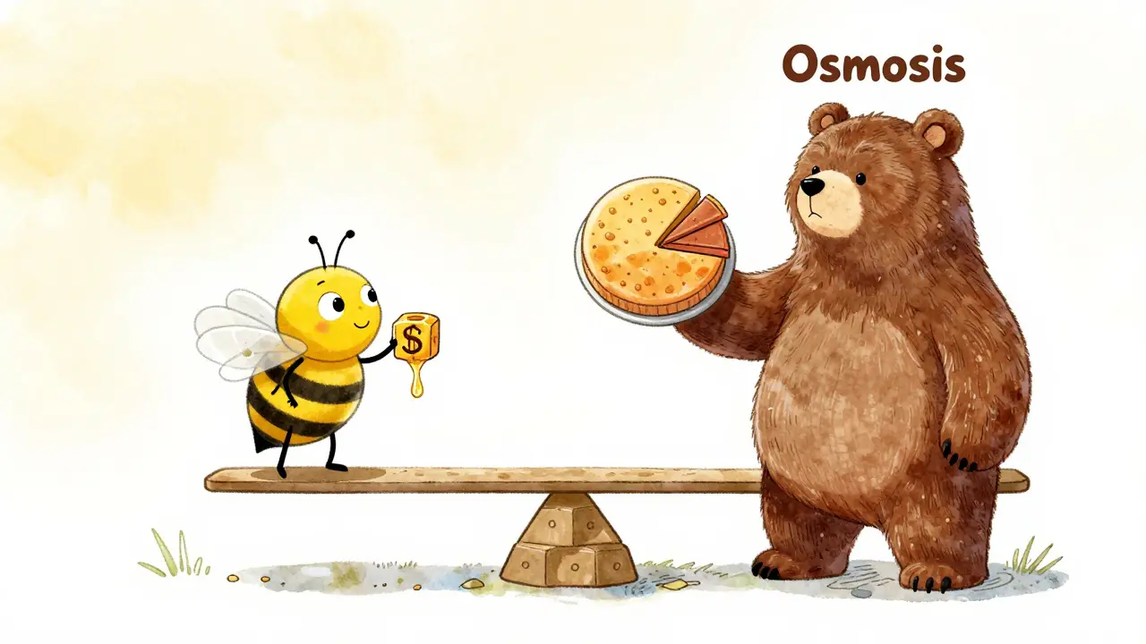 Illustration of a bee and a bear comparing fee sharing on a blockchain balance scale.