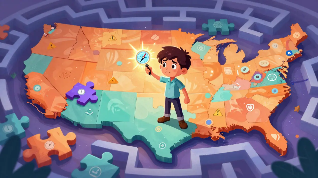 Illustration of a developer navigating a maze of US state privacy laws