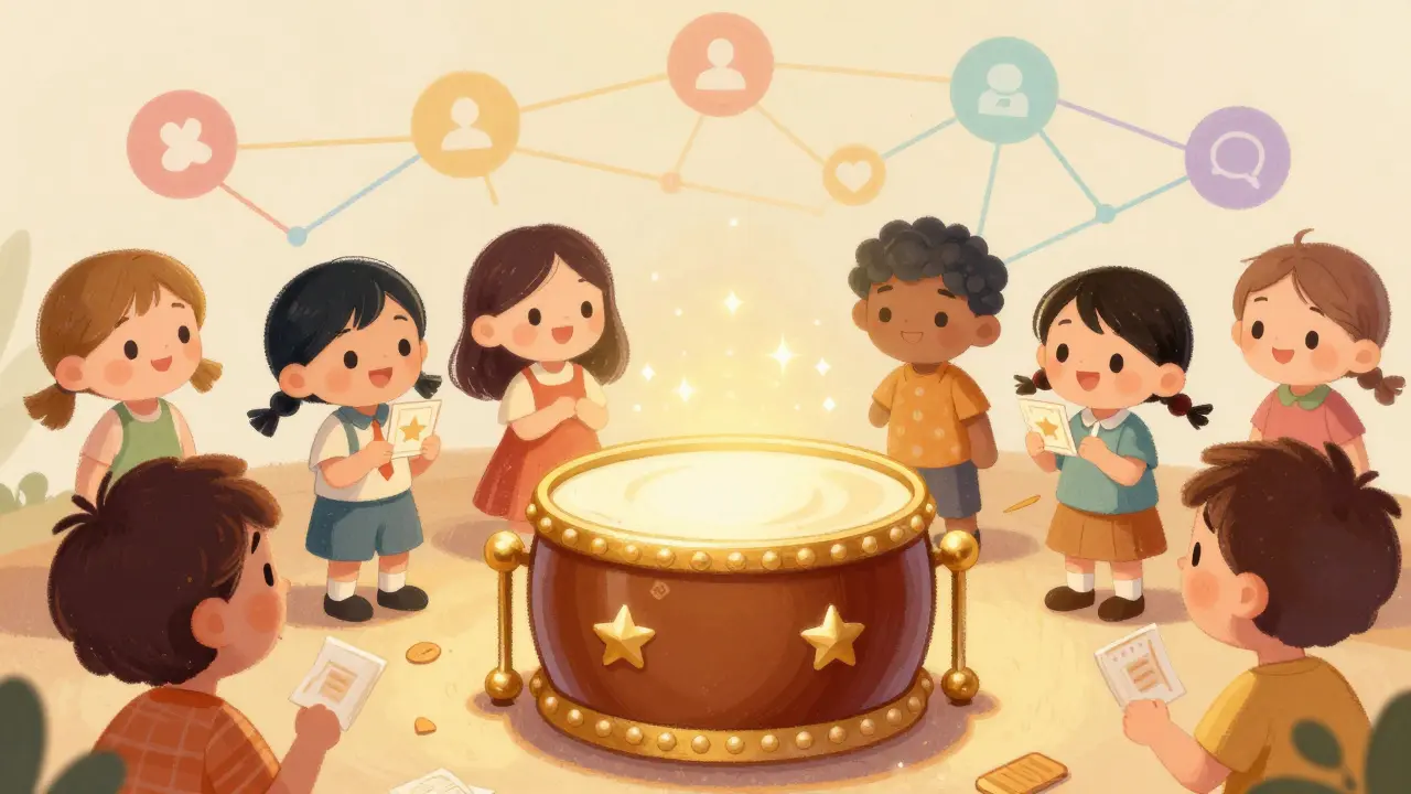 Illustration of a golden raffle drum selecting winners for an NFT airdrop event.