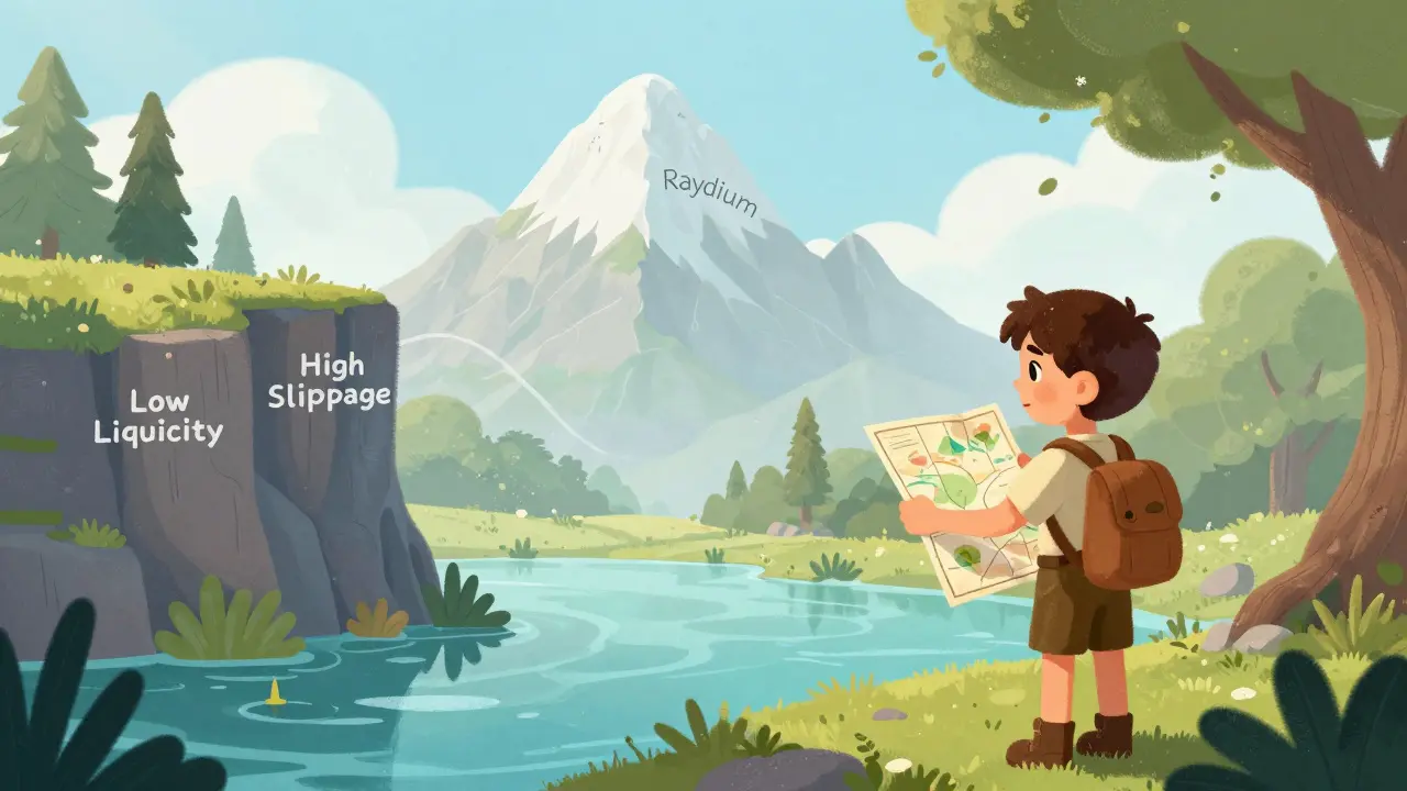 Illustration of an adventurer navigating obstacles toward a distant exchange peak