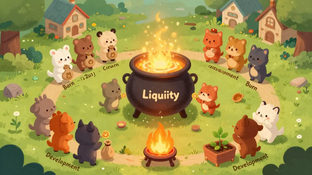 Illustration of animal characters managing token fees and burns