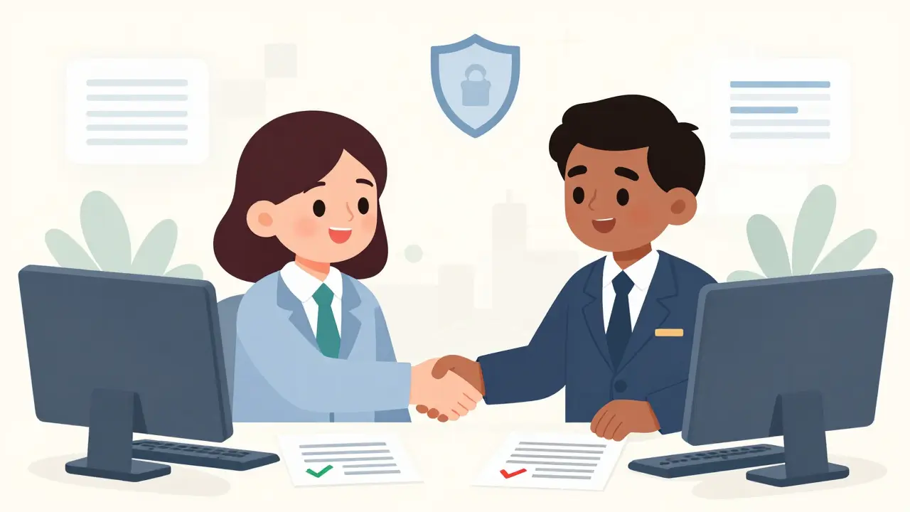 Illustration of business owner and regulator shaking hands over documents