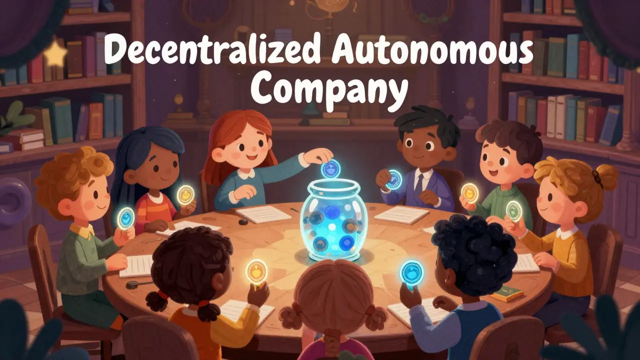 Illustration of characters voting and staking in a DAC meeting
