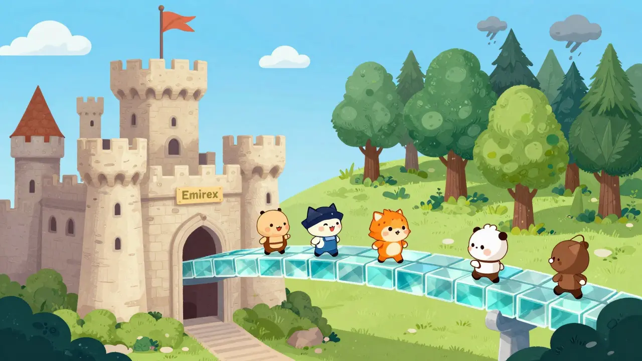 Illustration of connected castle and forest representing centralized and decentralized finance