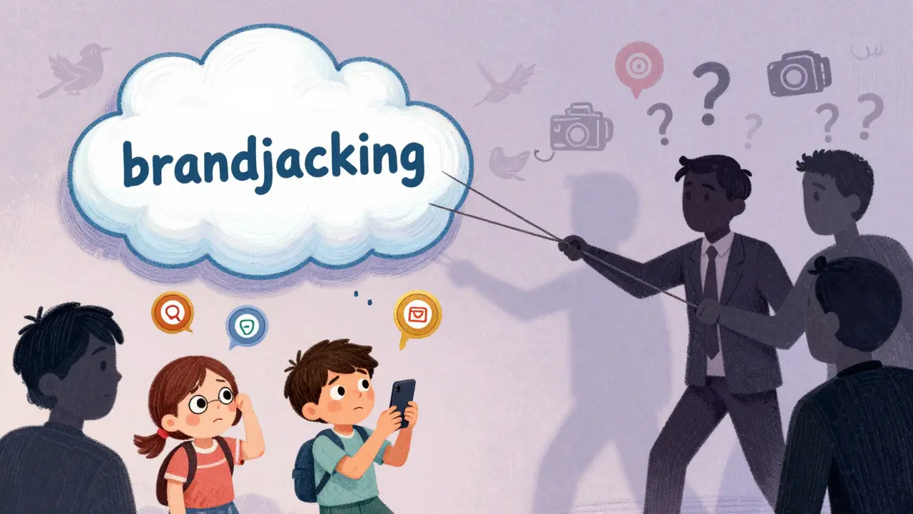 Illustration of shadowy figures manipulating a fake brand logo above confused users