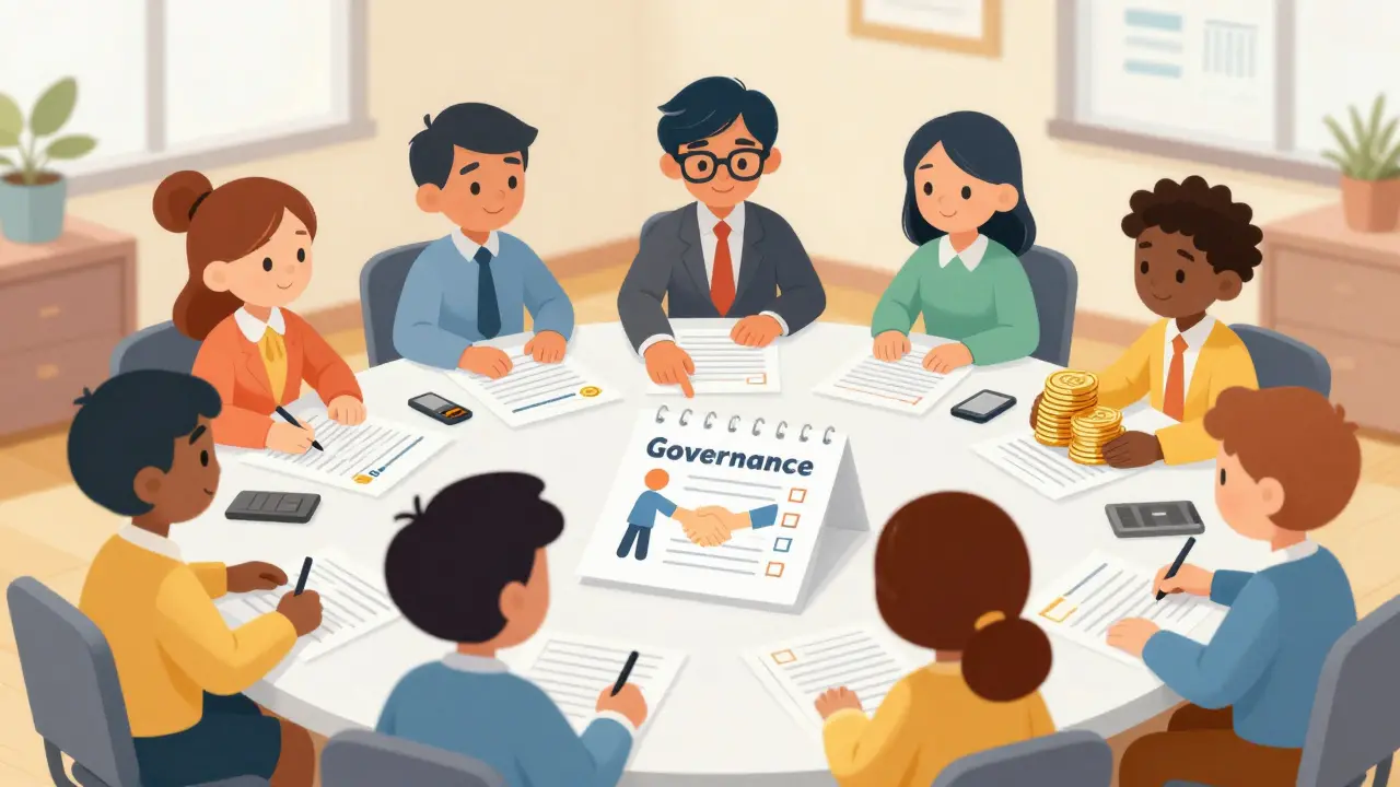 Illustration of team organizing compliance documents and capital