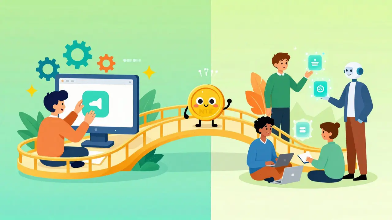 Illustration of users sharing spare computer resources with AI developers, connected by NTX tokens.
