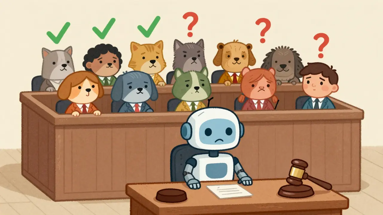 Jury of animals deliberating with mixed signals over a worried developer robot