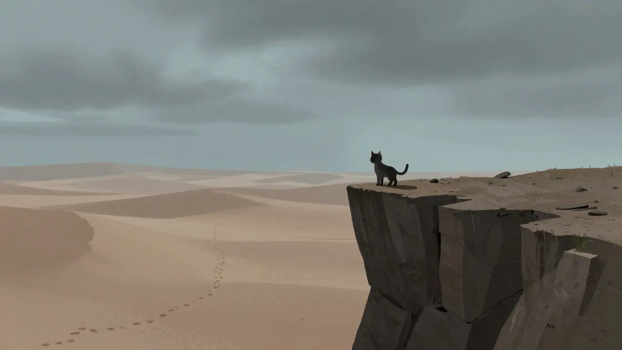 Lonely kitten on a cliff edge overlooking an empty desert under grey skies