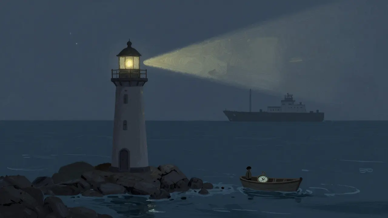 Lonely lighthouse and stranded boat in empty ocean