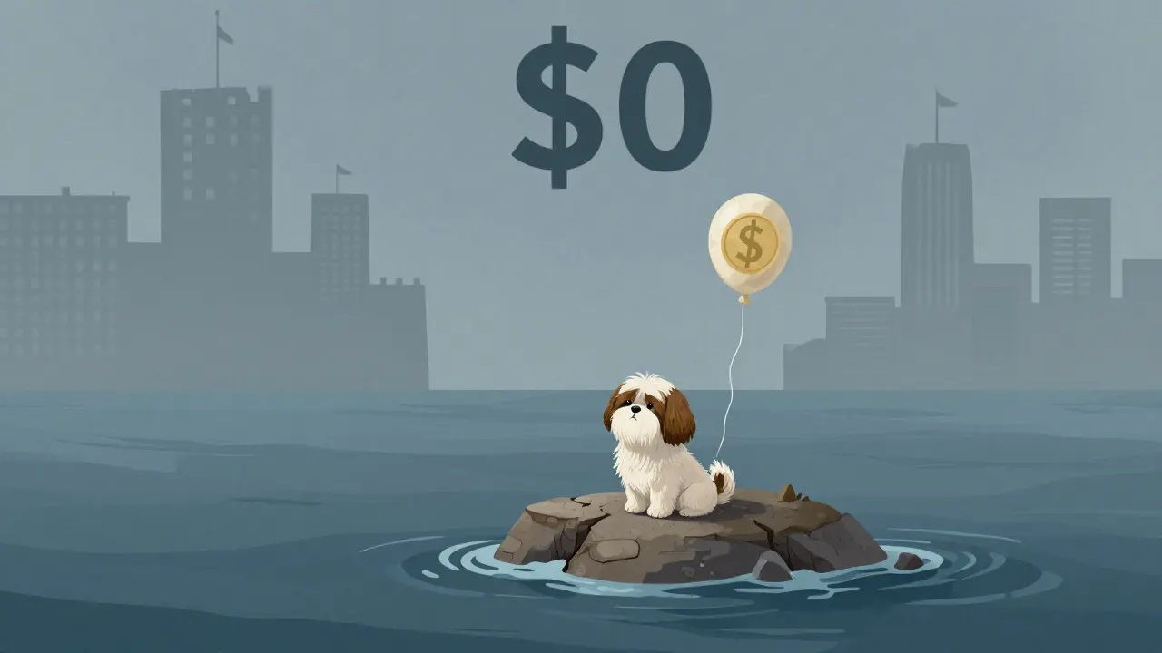 Lonely Shih Tzu on a small island in an empty sea, symbolizing zero trading volume.