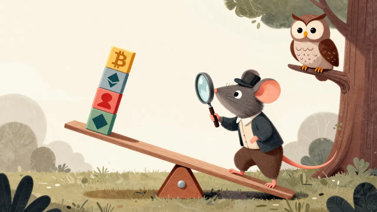 Mouse trader on leveraged seesaw with risk warning owl watching