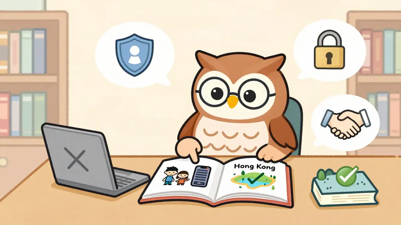 Owl librarian explaining crypto rules and Hong Kong exception in a book