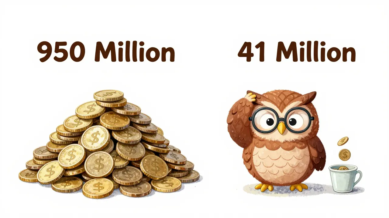 Playful illustration comparing large and small coin piles to explain supply differences, featuring a confused owl.